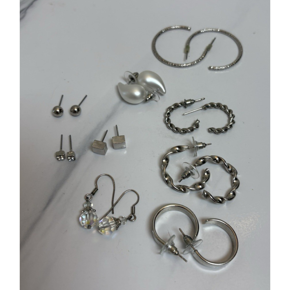 Mixed Lot Silver Tone Earrings Hoops Studs Dangle Faux Pearl Assorted Styles